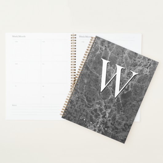 Zwarte houtskool Modern Marmer Monogram Planner (Display)