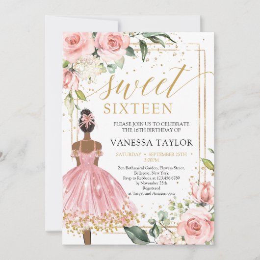 Zwarte huid Princess roze jurk blush bloemengoud Kaart (Voorkant)