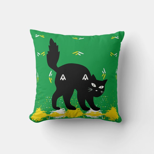 Zwarte Huisdierkat Wit Geel Patroon Groen Aangepas Kussen (Voorkant)