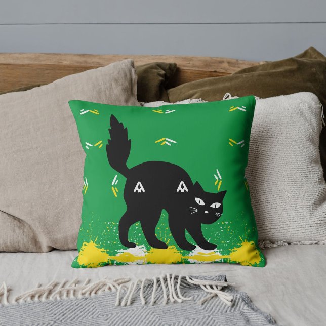 Zwarte Huisdierkat Wit Geel Patroon Groen Aangepas Kussen (Creator heeft geüpload)