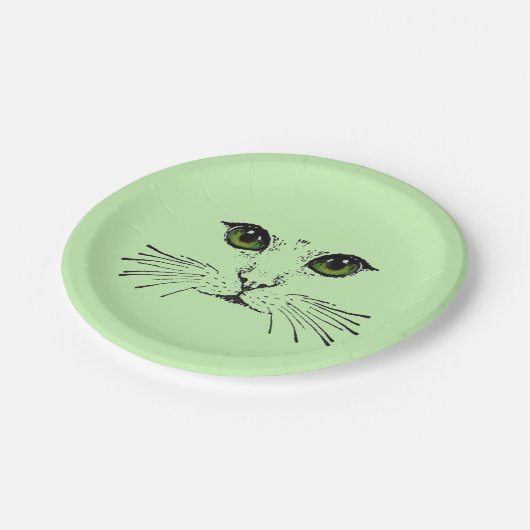 zwarte illustratie van Cat Face Green Eyes Whisker Papieren Bordje (Gekanteld)
