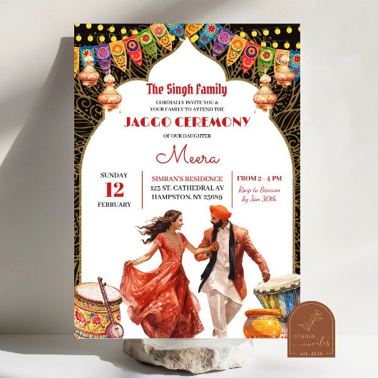 Zwarte Indiase Huwelijks Jaggo Ceremonie Uitnodigi Kaart