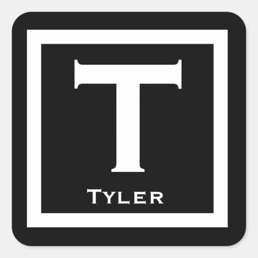 Zwarte Initiaal Naam Kinder Jongen Partij Terug na Vierkante Sticker (Voorkant)