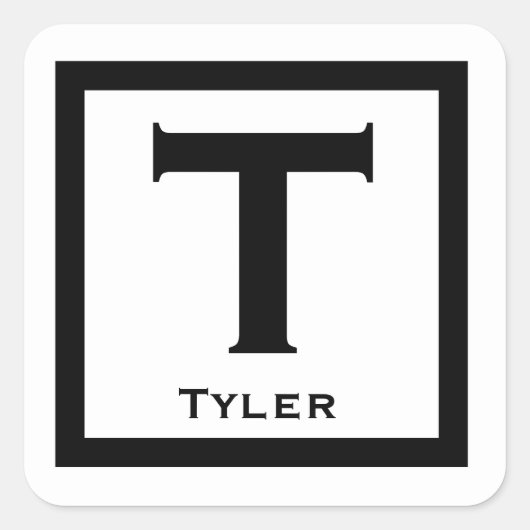 Zwarte Initiaal Naam Kinder Jongen Partij Terug na Vierkante Sticker (Voorkant)