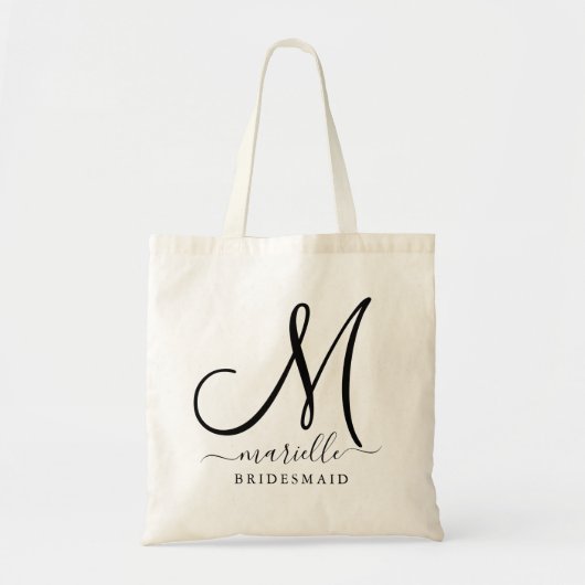 Zwarte Initiaal Script Name Floral Bridesmaid Larg Tote Bag (Voorkant)