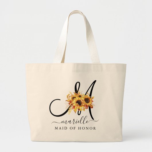 Zwarte initiële scriptnaam bloemrijke bruidsmeisje grote tote bag (Voorkant)