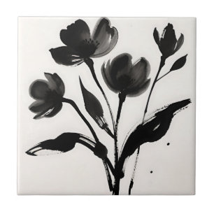 Zwarte Inkt Bloemen Boeket Tegeltje