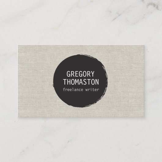 Zwarte inkt Blot Circle Logo op Tan Faux Linen Visitekaartje (Voorkant)