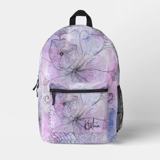 Zwarte Inkt Botanicals op Soft Pastel Waterverf Bedrukte Rugzak (Voorkant)