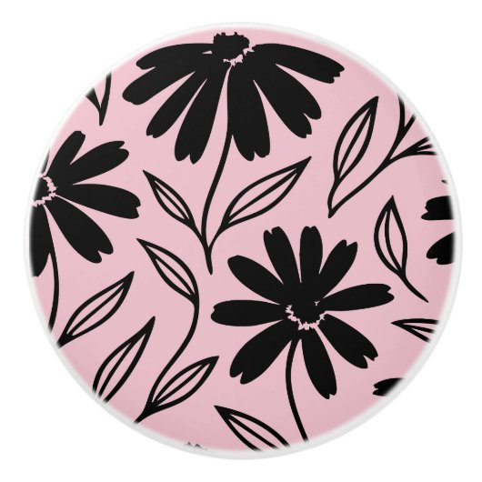 Zwarte Inkt Daisies Roze Boho Keramische Knop (Voorkant)