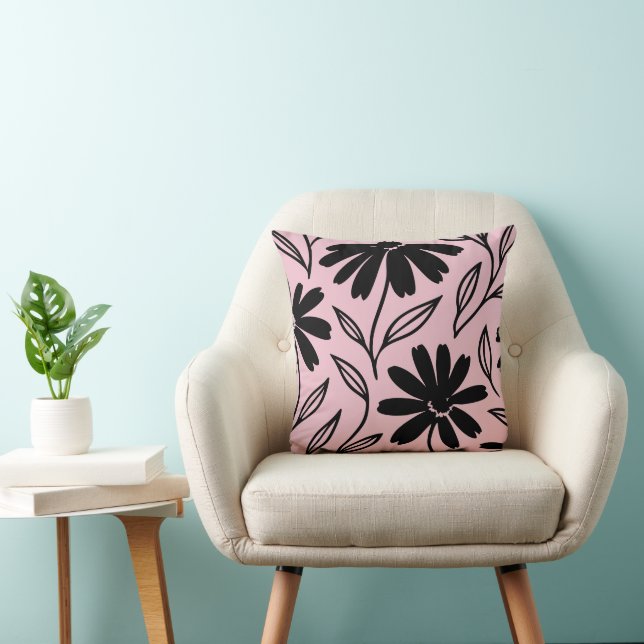 Zwarte Inkt Daisies Roze Boho Kussen (Stoel)