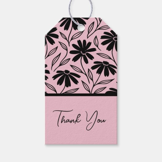 Zwarte Inkt Madeliefjes Roze Boho Bruiloftsborrel Cadeaulabel (Voorkant)