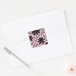 Zwarte Inkt Madeliefjes Roze Boho Bruiloftsborrel Vierkante Sticker