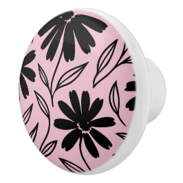 Zwarte Inkt Madeliefjes Roze Boho Keramische Knop