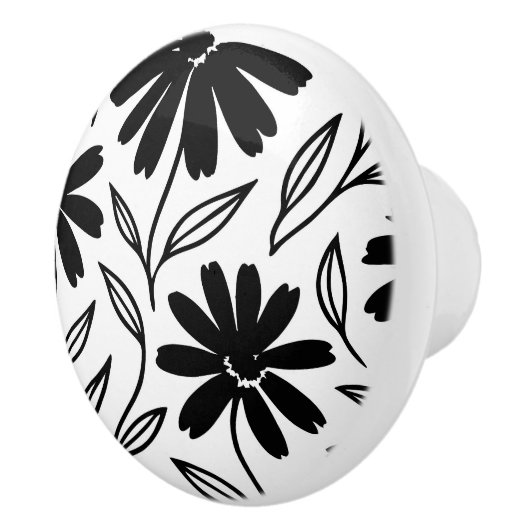 Zwarte Inkt Madeliefjes Witte Boho Keramische Knop (Rechts)