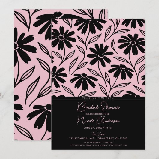 Zwarte Inkt Margrieten Roze Boho Bruidsdouche Kaart (Voorkant / Achterkant)