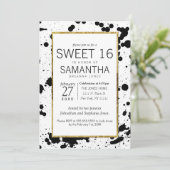 Zwarte inkt Spletters en Gold Sweet 16 Uitnodiging (Staand voorkant)