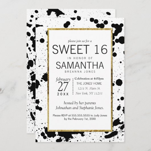 Zwarte inkt Spletters en Gold Sweet 16 Uitnodiging (Voorkant / Achterkant)