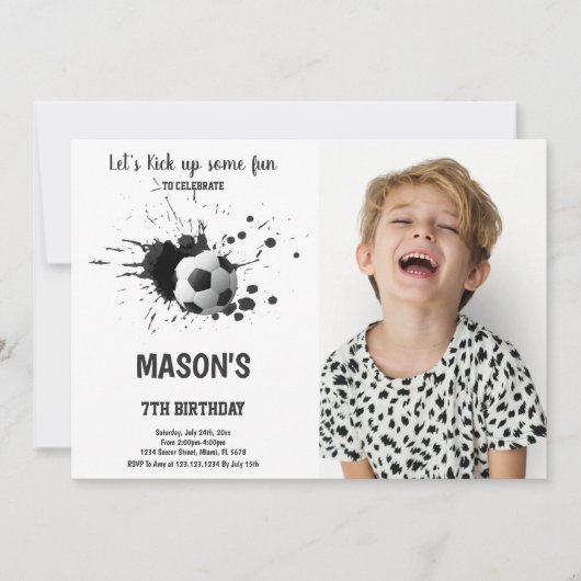 Zwarte inkt Voetbal Verjaardag Uitnodiging met Fot (Voorkant)