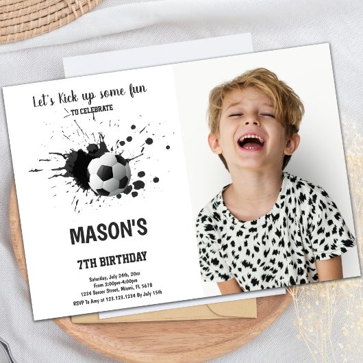Zwarte inkt Voetbal Verjaardag Uitnodiging met Fot