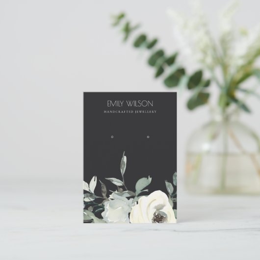 ZWARTE IRIGE WIT-FLORAL BUNCH EARRING DISPLAY VISITEKAARTJE (Staand voorkant)