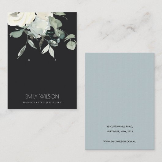 ZWARTE IRIGE WIT-FLORAL BUNCH EARRING DISPLAY VISITEKAARTJE (Voorkant / Achterkant)