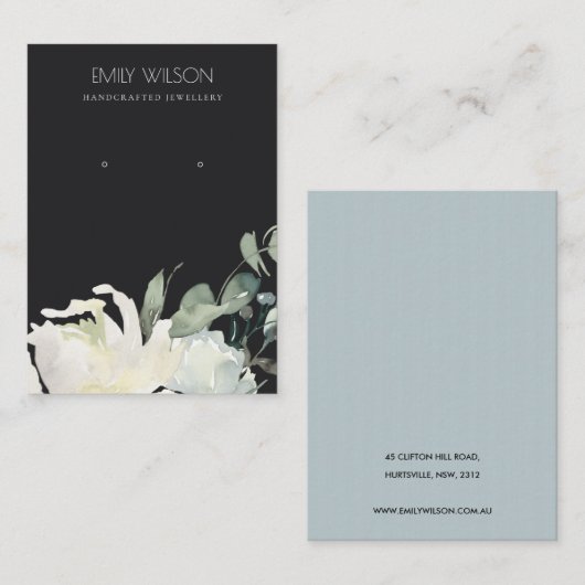 ZWARTE IRIGE WIT-FLORAL BUNCH EARRING DISPLAY VISITEKAARTJE (Voorkant / Achterkant)