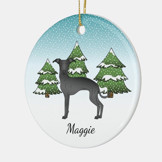 Zwarte Italiaanse dolfijnen in een winterbos Keramisch Ornament (Links)