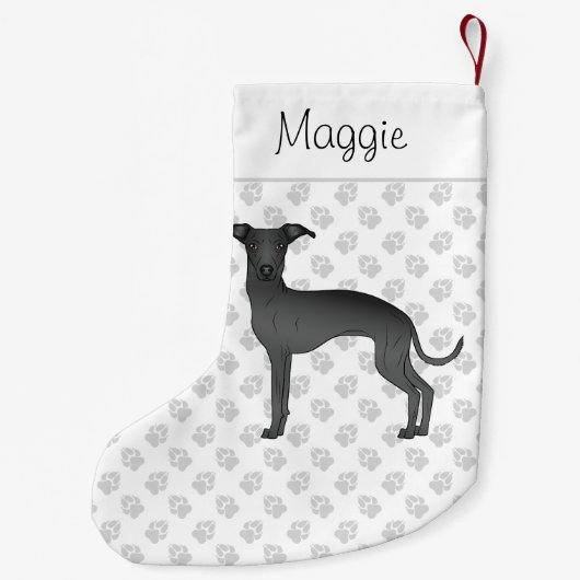 Zwarte Italiaanse Grenshond met aangepaste naam Kleine Kerstsok (Achterkant)