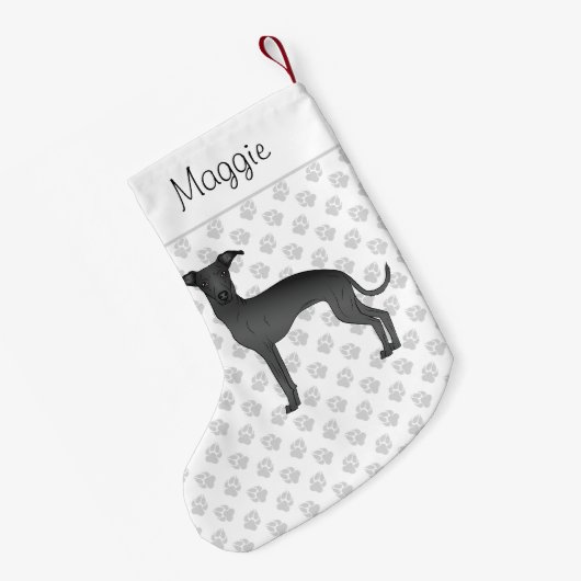 Zwarte Italiaanse Grenshond met aangepaste naam Kleine Kerstsok (Achterkant (Hangend))