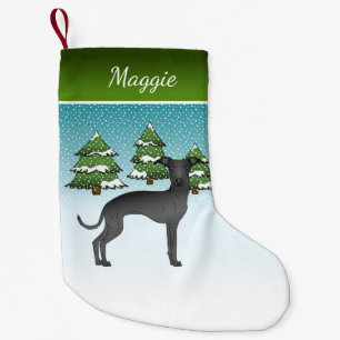 Zwarte Italiaanse Greyhound Hond In Een Winterbos Kleine Kerstsok