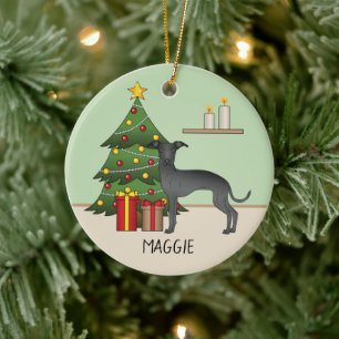 Zwarte Italiaanse Greyhound-hond met een kerstboom Keramisch Ornament