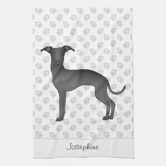Zwarte Italiaanse Greyhound Met Aangepaste Naam Theedoek (Verticaal)