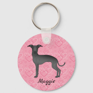 Zwarte Italiaanse Greyhound Mopshond Op Roze Harte Sleutelhanger