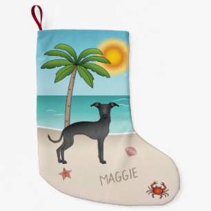 Zwarte Italiaanse Greyhound op Tropisch Zomerstran Kleine Kerstsok
