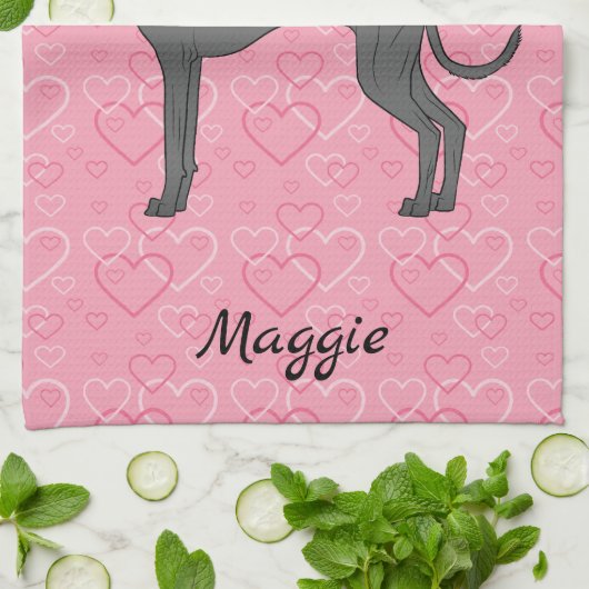 Zwarte Italiaanse snufjes op roze harten Theedoek (Gevouwen)