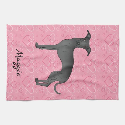 Zwarte Italiaanse snufjes op roze harten Theedoek (Horizontaal)