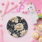 Zwarte Ivoren Bloemige Gepersonaliseerd Papieren Bordje (Feest)