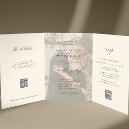 Zwarte ivoren foto bruiloft RSVP details QR-code  Drieluik Uitnodiging