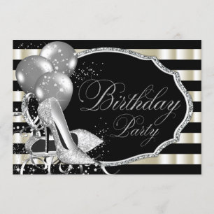 Zwarte Ivory Silver High Hiel Shoe Birthday Party Kaart