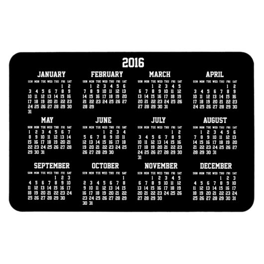 Zwarte jaarkalender 2016 Grote Flexibele Magneten (Horizontaal)