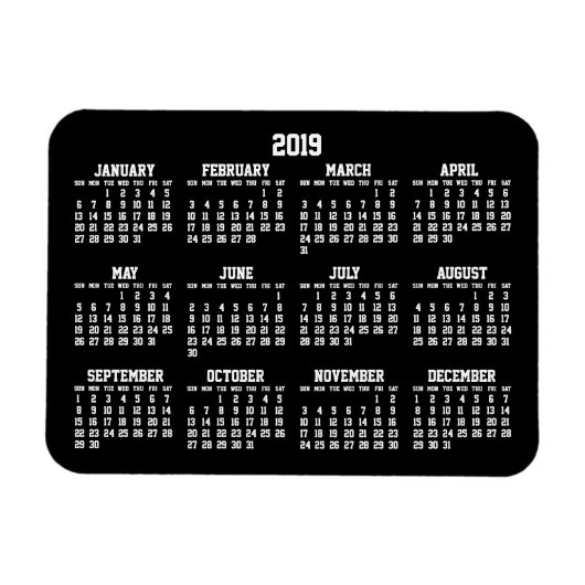 Zwarte jaarkalender 2019 Kleine Flexibele Magneten (Horizontaal)