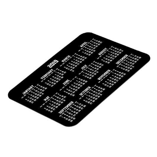 Zwarte jaarlijkse kalender 2019 kleine flexibele m magneet (Linkerzijde)