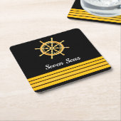 Zwarte jachtboot naam goud stuurwiel strepen kartonnen onderzetters (Schuin)