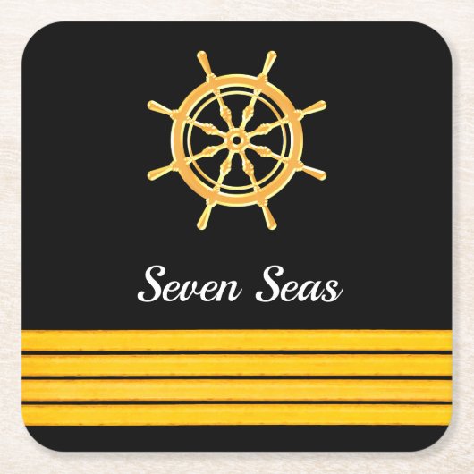 Zwarte jachtboot naam goud stuurwiel strepen kartonnen onderzetters (Voorkant)