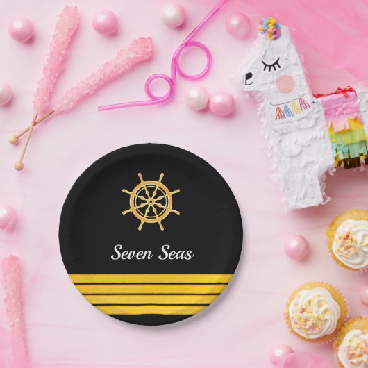 Zwarte jachtboot naam goud stuurwiel strepen papieren bordje (Feest)