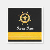 Zwarte jachtboot naam goud stuurwiel strepen servet (Voorkant)