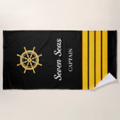 Zwarte jachtboot naam goud stuurwiel strepen strandlaken (Voorkant)