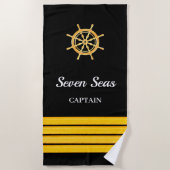 Zwarte jachtboot naam goud stuurwiel strepen strandlaken (Voorkant)