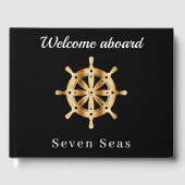 Zwarte jachtboot naam gouden stuurwiel gastenboek (Voorkant)